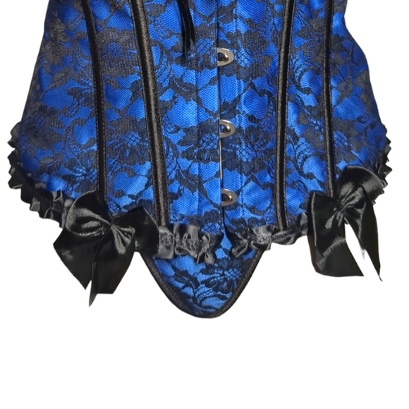 * NEW-* Blue and Black Satin and Lace Corset Set Size L - Picture 2 of 16